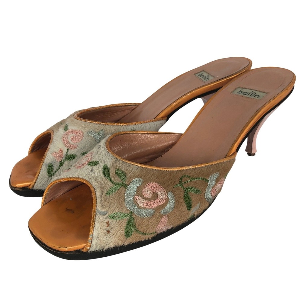 BALLIN Italy Pony Hair Floral Embroidered Kitten Heel Mules Sz 37  Orange Pink